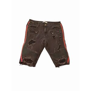 Embellish Distressed Moto Denim Shorts Black Red Stripe Biker Y2K Size 36 Edgy